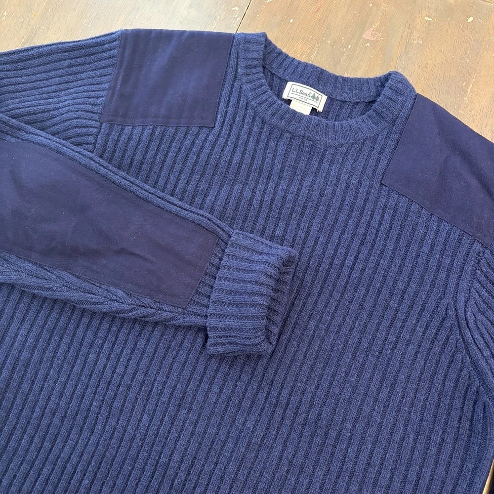 LL Bean Wool Sweater Mens XLT TALL Knit Chunky Elbow Patch Navy Commando Crew